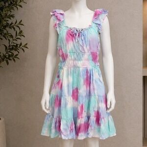 Justice Girls Tie Dye Effect Ruffle Tiered Smocked Dress Multi Size S 7/8